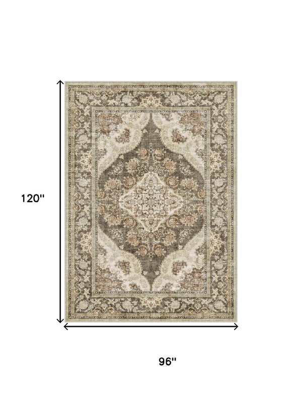 HomeRoots 6' Timeless Brown Beige Ivory Medallion Area Rug – Washable, Stain-Resistant, Non-Slip Backing 8' X 10' 700113