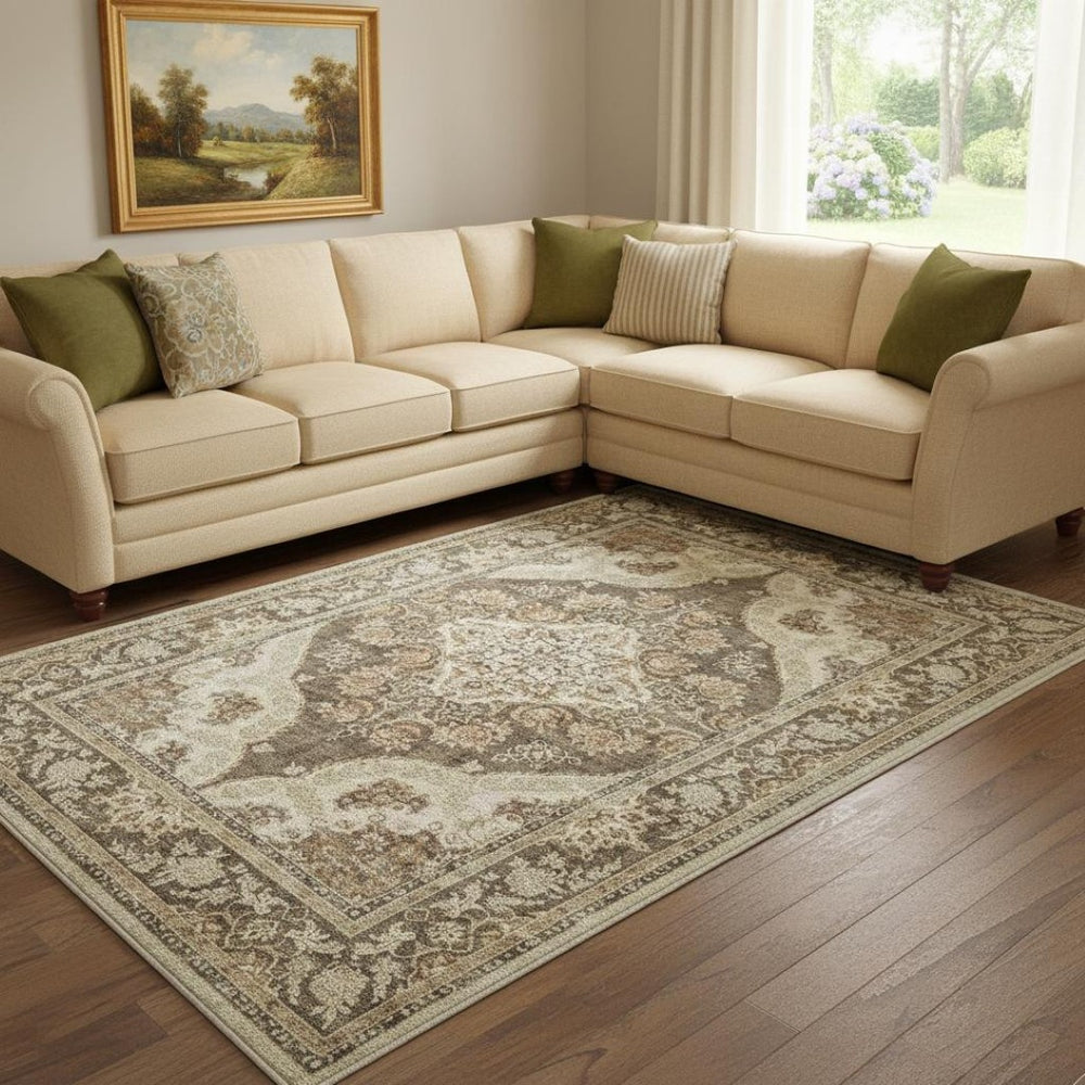 HomeRoots 9' Elegant Brown, Beige, and Ivory Medallion Area Rug - Washable, Durable, and Stylish for Any Room 9' X 12' 700114