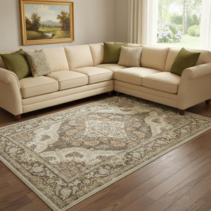 HomeRoots 9' Elegant Brown, Beige, and Ivory Medallion Area Rug - Washable, Durable, and Stylish for Any Room 9' X 12' 700114