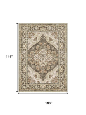 HomeRoots 9' Elegant Brown, Beige, and Ivory Medallion Area Rug - Washable, Durable, and Stylish for Any Room 9' X 12' 700114
