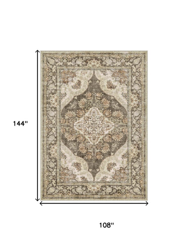 HomeRoots 9' Elegant Brown, Beige, and Ivory Medallion Area Rug - Washable, Durable, and Stylish for Any Room 9' X 12' 700114