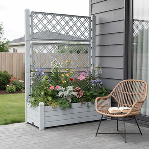 HomeRoots 59" Stylish Gray Resin Rectangular Planter Box with Trellis - Ideal for Vibrant Gardens & Climbing Plants 700120