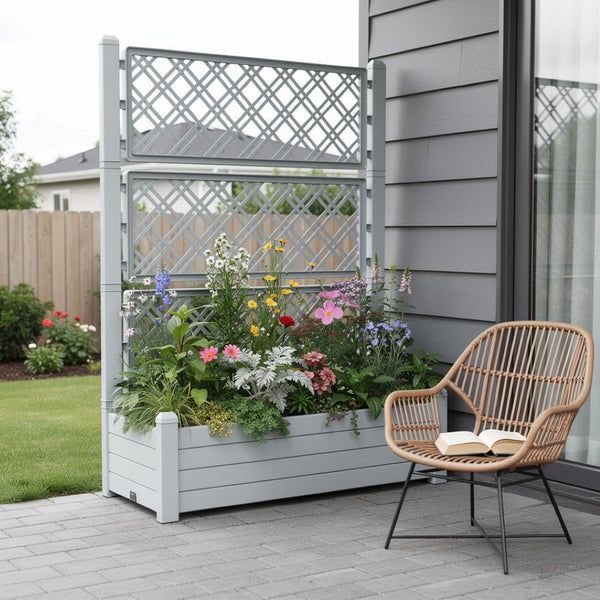 HomeRoots 59" Stylish Gray Resin Rectangular Planter Box with Trellis - Ideal for Vibrant Gardens & Climbing Plants 700120
