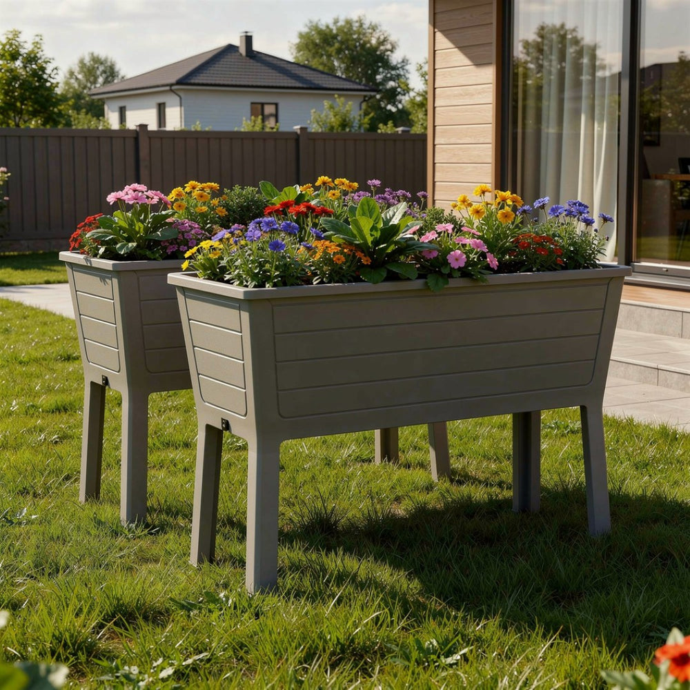 HomeRoots Set of Two 20" X 44" Light Brown Resin Elevated Garden Beds for Easy Planting and Growing 700126