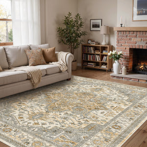 HomeRoots 8' Elegant Ivory and Brown Persian-Inspired Washable Area Rug for High-Traffic Homes and Spaces 8' X 10' 700129