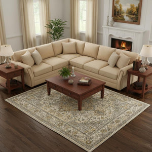 HomeRoots 8' Elegant Ivory and Brown Persian-Inspired Washable Area Rug for High-Traffic Homes and Spaces 8' X 10' 700129