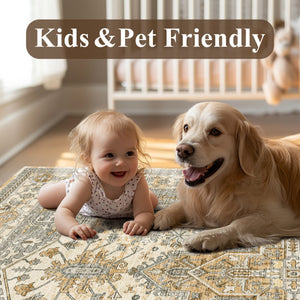 HomeRoots 8' Elegant Ivory and Brown Persian-Inspired Washable Area Rug for High-Traffic Homes and Spaces 8' X 10' 700129