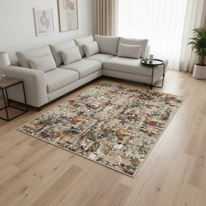 HomeRoots 6' Washable Area Rug in Beige, Red, and Ivory - Modern Abstract Design for Stylish Living Spaces 6' X 9' 700137