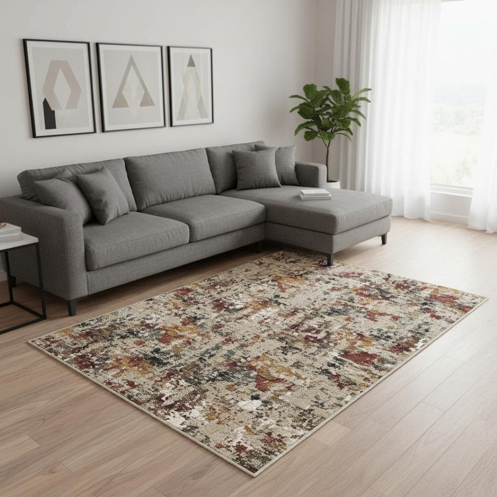 HomeRoots 6' Washable Area Rug in Beige, Red, and Ivory - Modern Abstract Design for Stylish Living Spaces 8' X 10' 700140