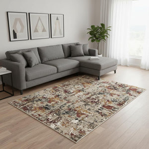 HomeRoots 6' Washable Area Rug in Beige, Red, and Ivory - Modern Abstract Design for Stylish Living Spaces 8' X 10' 700140