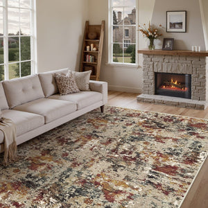 HomeRoots 6' Washable Area Rug in Beige, Red, and Ivory - Modern Abstract Design for Stylish Living Spaces 8' X 10' 700140