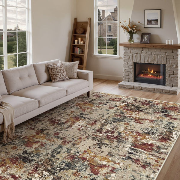 HomeRoots 6' Washable Area Rug in Beige, Red, and Ivory - Modern Abstract Design for Stylish Living Spaces 8' X 10' 700140
