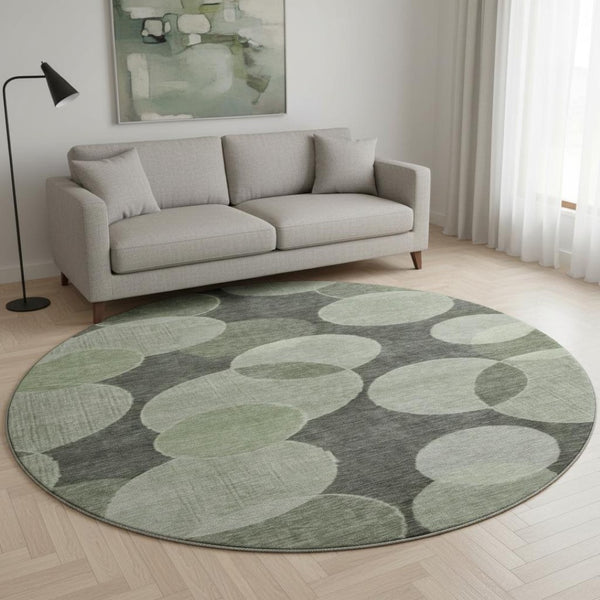 HomeRoots 8' Artichoke Green & Gray Geometric Washable Round Rug - UV Protected, Perfect for Busy Homes! 700148