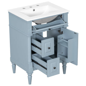 English Elm 24 Inch Freestanding Vanity with Ceramic Sink Rubberwood Frame Matte Finish Storage Blue+Grey N725P356058E