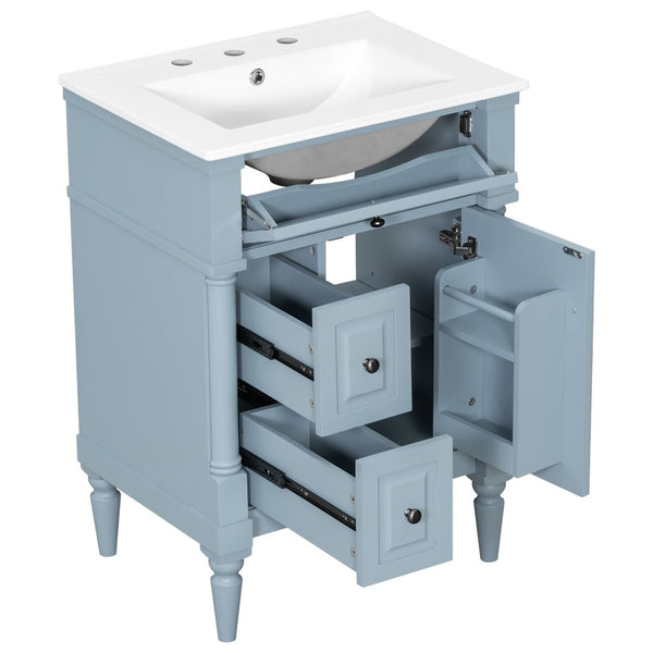 English Elm 24 Inch Freestanding Vanity with Ceramic Sink Rubberwood Frame Matte Finish Storage Blue+Grey N725P356058E