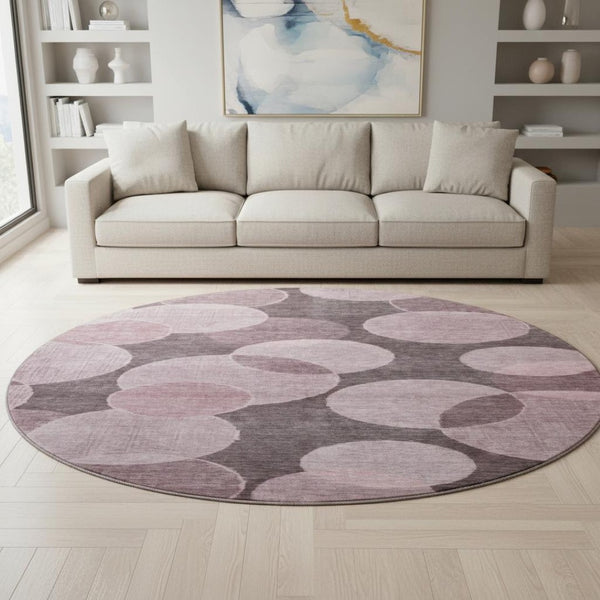 HomeRoots 8' Blush and Pink Geometric Round Rug – Washable, UV-Protected, Durable, Stylish for Any Space! 700154