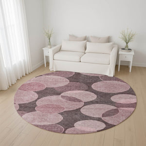 HomeRoots 8' Blush and Pink Geometric Round Rug – Washable, UV-Protected, Durable, Stylish for Any Space! 700154