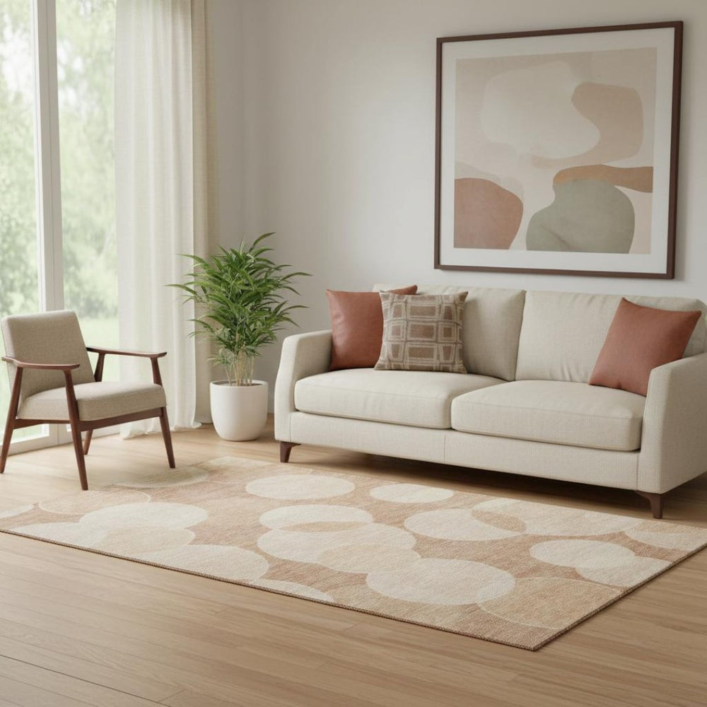 HomeRoots 5' Coral and Peach Geometric Area Rug - UV Protected, Machine-Washable, Soft, Durable Design for Homes 700159