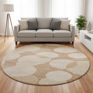 HomeRoots 8' Coral and Peach Geometric Washable Round Rug - UV Protected, Stain Resistant, Non-Slip Backing 700160