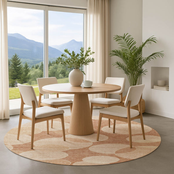 HomeRoots 8' Coral and Peach Geometric Washable Round Rug - UV Protected, Stain Resistant, Non-Slip Backing 700160