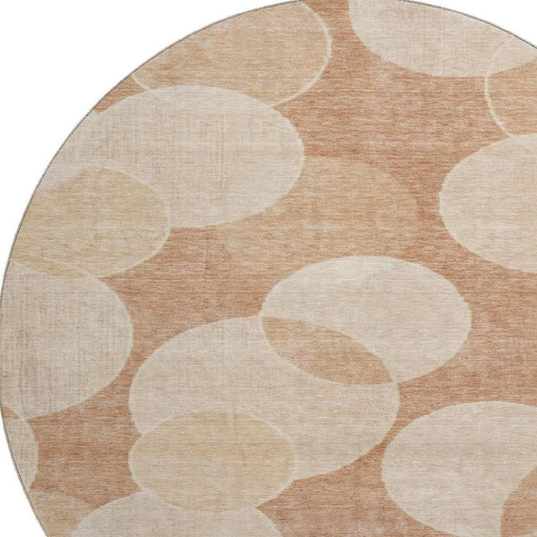 HomeRoots 8' Coral and Peach Geometric Washable Round Rug - UV Protected, Stain Resistant, Non-Slip Backing 700160