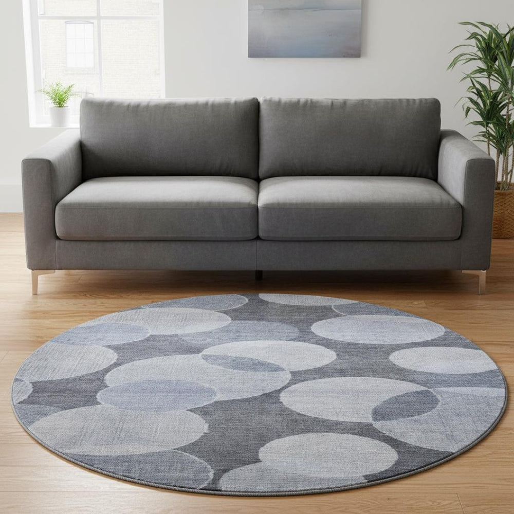 HomeRoots 8' Stylish Denim Blue Geometric Round Rug - Washable, UV Protected, Perfect for Busy Homes & Spaces 700166