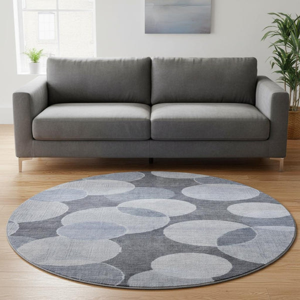 HomeRoots 8' Stylish Denim Blue Geometric Round Rug - Washable, UV Protected, Perfect for Busy Homes & Spaces 700166