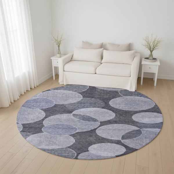 HomeRoots 8' Stylish Denim Blue Geometric Round Rug - Washable, UV Protected, Perfect for Busy Homes & Spaces 700166