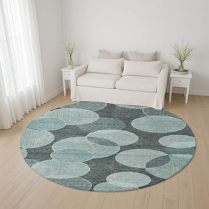 HomeRoots 8' Teal and Sky Blue Geometric Round Rug - Durable, Washable, UV-Protected for Modern Spaces 700178