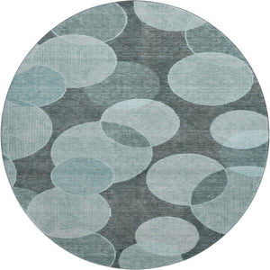 HomeRoots 8' Teal and Sky Blue Geometric Round Rug - Durable, Washable, UV-Protected for Modern Spaces 700178