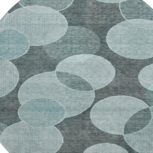 HomeRoots 8' Teal and Sky Blue Geometric Round Rug - Durable, Washable, UV-Protected for Modern Spaces 700178