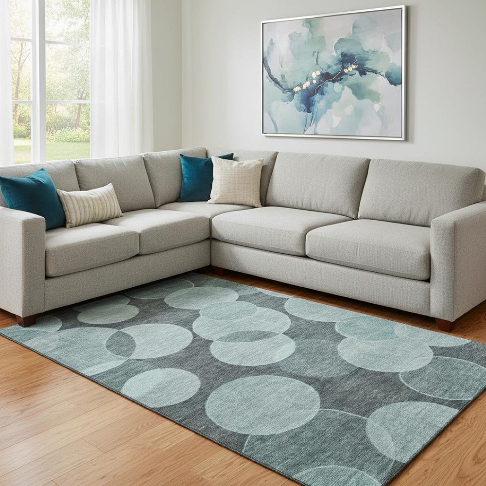 HomeRoots 8' X 10' Stylish Teal & Sky Blue Geometric Washable Area Rug with UV Protection for Modern Homes 700179