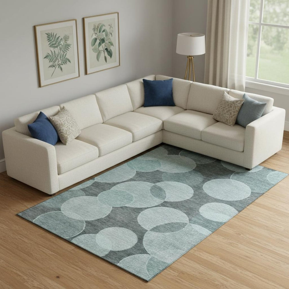 HomeRoots 9' X 12' Teal & Sky Blue Geometric Washable Area Rug - Durable, UV-Protected, Non-Slip Design for Homes 700180