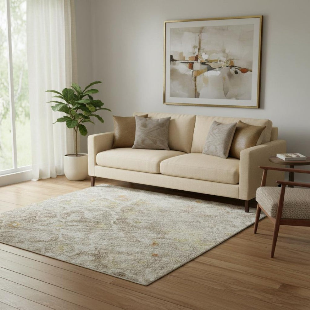 HomeRoots 5' X 8' Brown Gold And Orange Oriental Area Rug - Washable, UV-Protected, Stain-Resistant, Non-Slip 700189