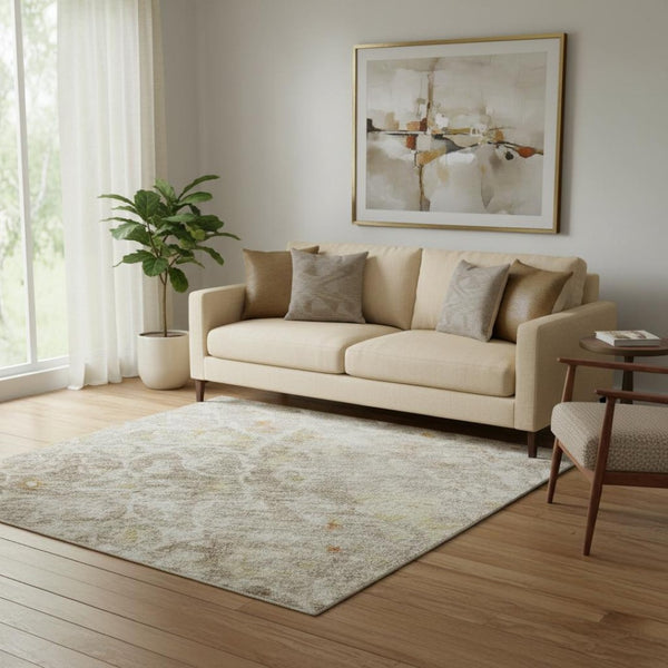 HomeRoots 5' X 8' Brown Gold And Orange Oriental Area Rug - Washable, UV-Protected, Stain-Resistant, Non-Slip 700189