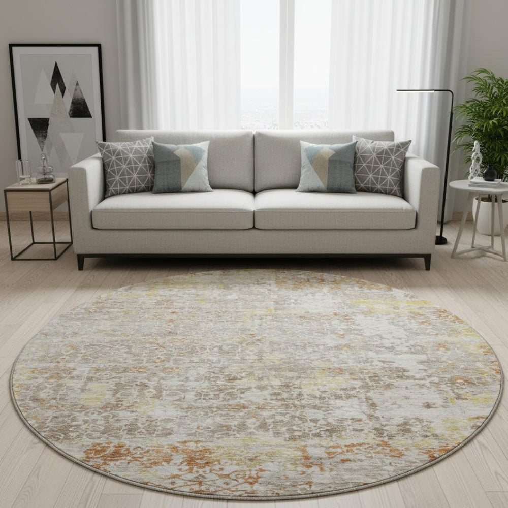 HomeRoots 8' Brown Gold and Orange Oriental Round Rug - Durable, Stain-Resistant & UV Protected for Every Room 700190