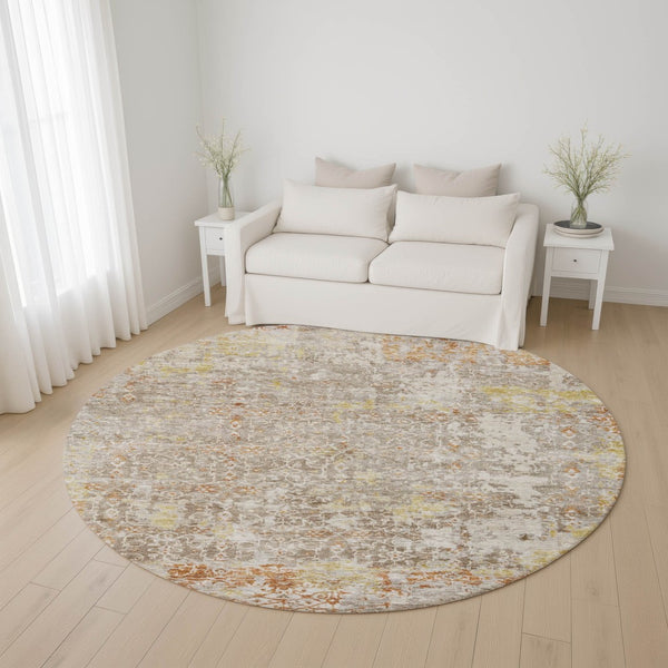 HomeRoots 8' Brown Gold and Orange Oriental Round Rug - Durable, Stain-Resistant & UV Protected for Every Room 700190