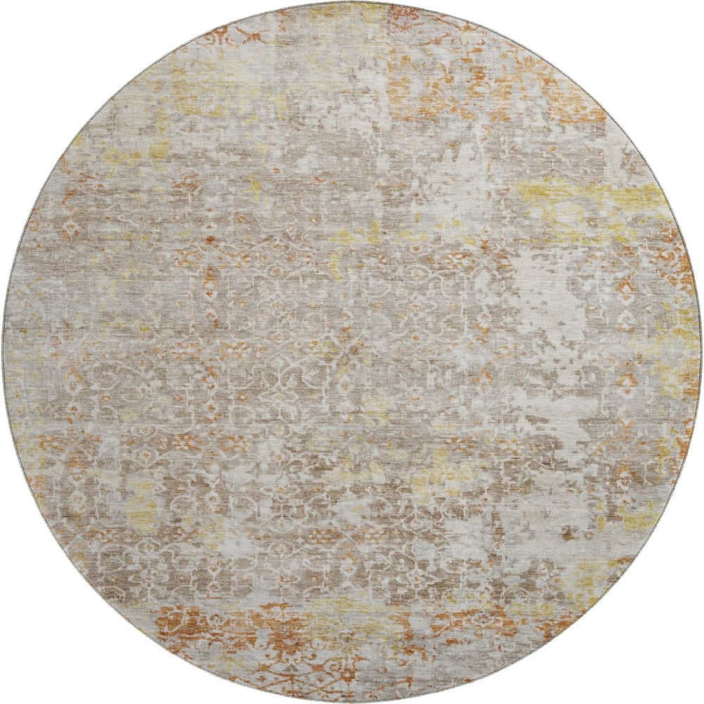 HomeRoots 8' Brown Gold and Orange Oriental Round Rug - Durable, Stain-Resistant & UV Protected for Every Room 700190