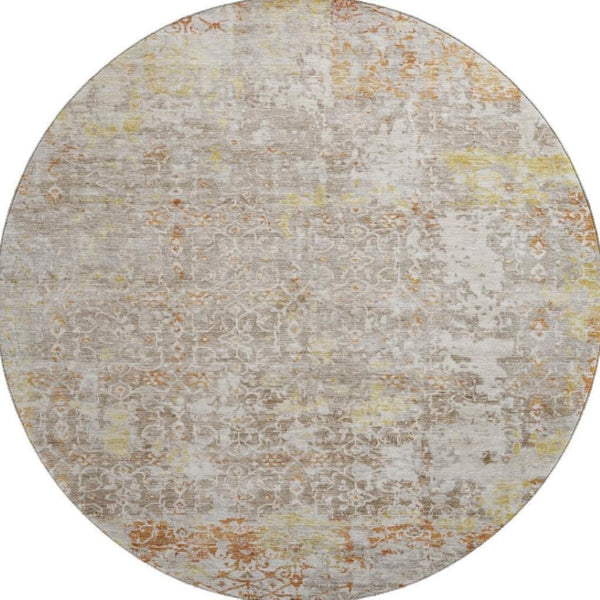 HomeRoots 8' Brown Gold and Orange Oriental Round Rug - Durable, Stain-Resistant & UV Protected for Every Room 700190