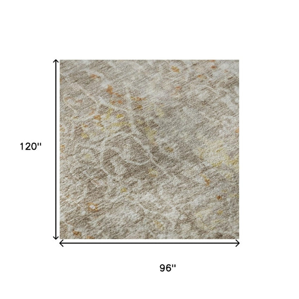 HomeRoots 8' X 10' Washable Oriental Area Rug in Brown, Gold & Orange - Durable, UV Protected & Stain Resistant! 700191
