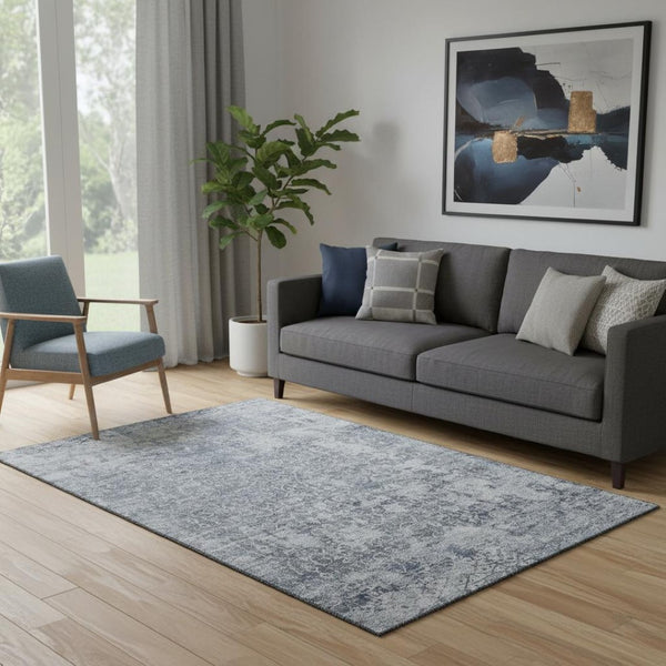 HomeRoots 5' X 8' Denim Blue & Ivory Oriental Area Rug – Washable, UV Protected, Stain-Resistant, Durable Design 700195