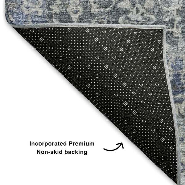 HomeRoots 5' X 8' Denim Blue & Ivory Oriental Area Rug – Washable, UV Protected, Stain-Resistant, Durable Design 700195
