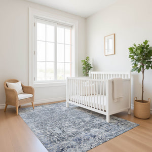 HomeRoots 5' X 8' Denim Blue & Ivory Oriental Area Rug – Washable, UV Protected, Stain-Resistant, Durable Design 700195