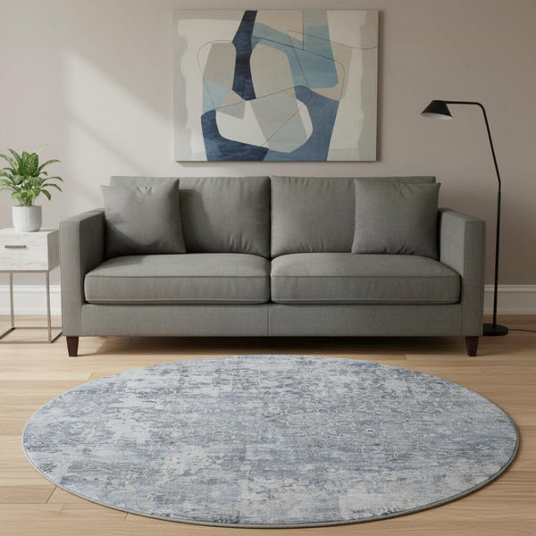 HomeRoots 8' Denim Blue & Ivory Oriental Washable Round Rug - UV Protected, Durable Design for Every Room! 700196