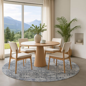 HomeRoots 8' Denim Blue & Ivory Oriental Washable Round Rug - UV Protected, Durable Design for Every Room! 700196