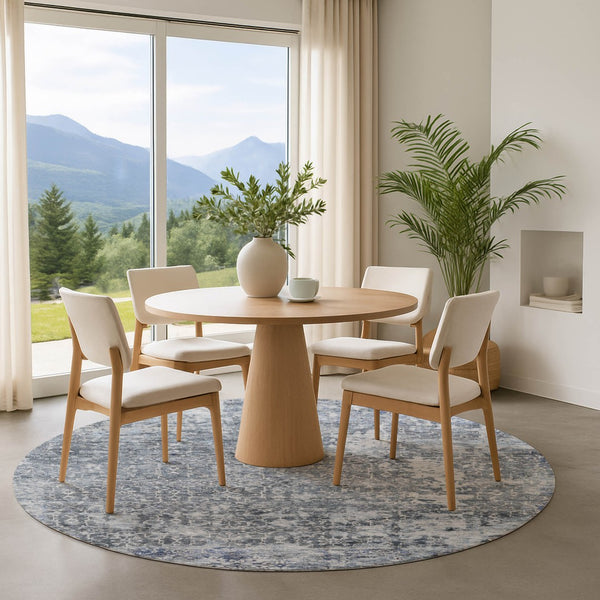 HomeRoots 8' Denim Blue & Ivory Oriental Washable Round Rug - UV Protected, Durable Design for Every Room! 700196