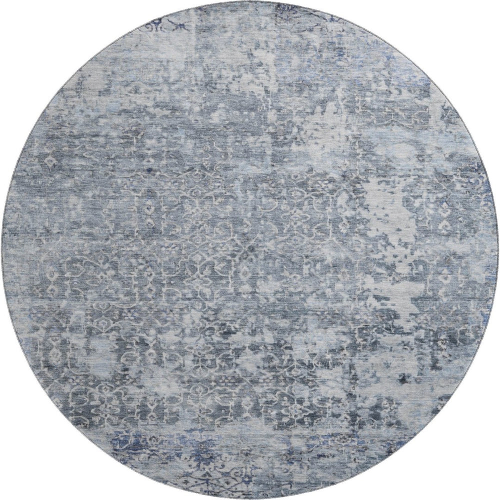 HomeRoots 8' Denim Blue & Ivory Oriental Washable Round Rug - UV Protected, Durable Design for Every Room! 700196