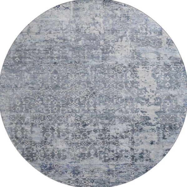 HomeRoots 8' Denim Blue & Ivory Oriental Washable Round Rug - UV Protected, Durable Design for Every Room! 700196