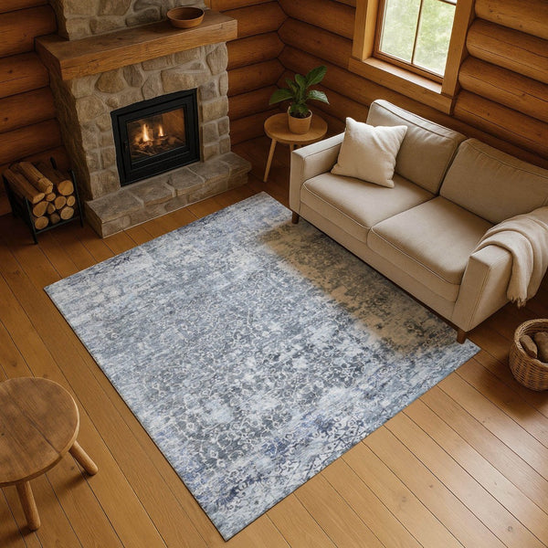 HomeRoots 9' X 12' Denim Blue & Ivory Oriental Area Rug - Washable, Stain-Resistant, UV Protected for Homes 700198