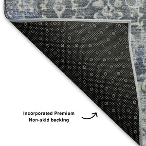 HomeRoots 10' Denim Blue & Ivory Oriental Area Rug - Washable, UV Protected, Pet-Friendly for High Traffic Spaces 700199